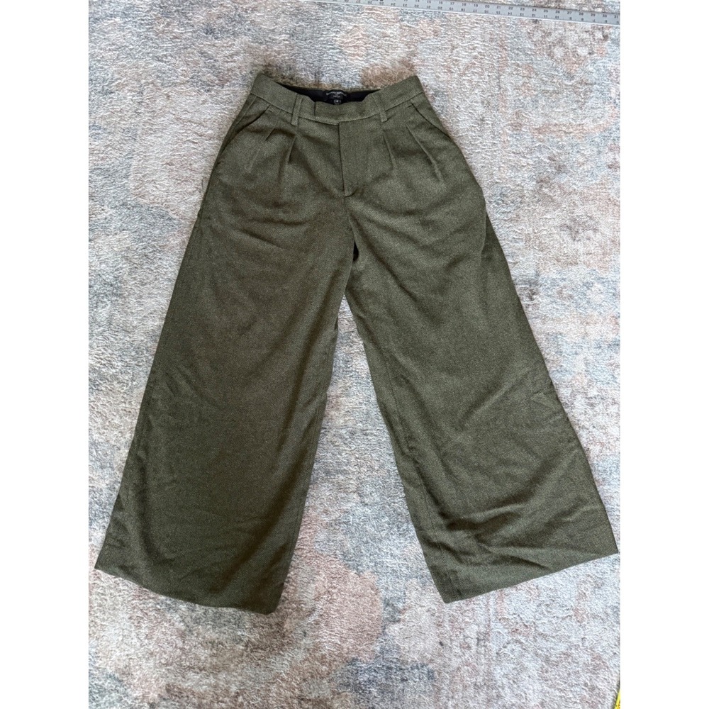 Banana Republic Wide Leg Herringbone Pants Olive Green Wool Blend Petite 4